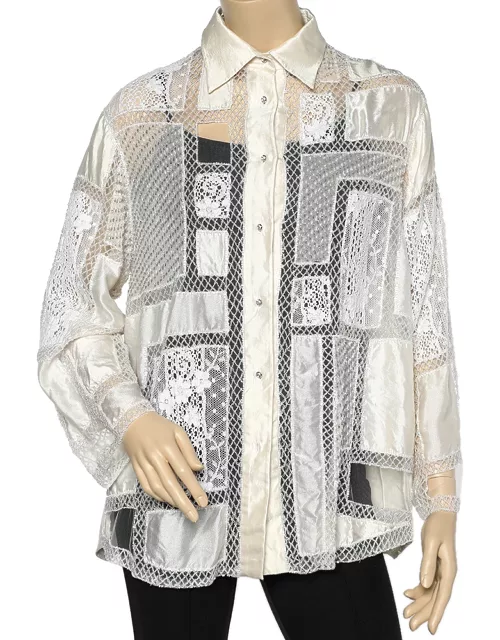 Valentino Boutique Cream Embellished Silk & Lace Sheer Shirt
