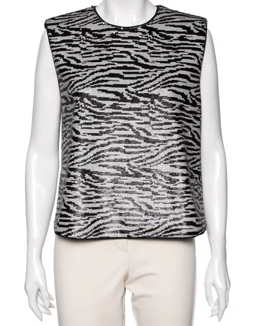 Self Portrait Monochrome Zebra Pattern Sequin Embellished Sleeveless Top