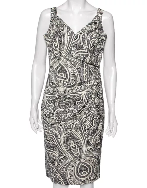 Max Mara Monochrome Paisley Printed Cotton Draped Detail Dress