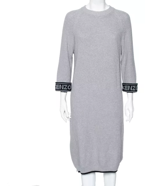 Kenzo Grey Knit Logo Trimmed Detailed Long Sleeve Sweater Dress