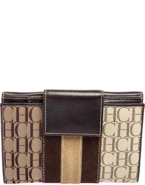 CH Carolina Herrera Monogram Canvas Suede and Leather Flap French Wallet
