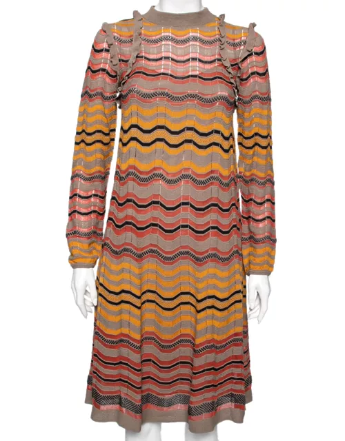 M Missoni Multicolor Wave Perforated Pattern Knit Ruffle Detailed Midi Dress