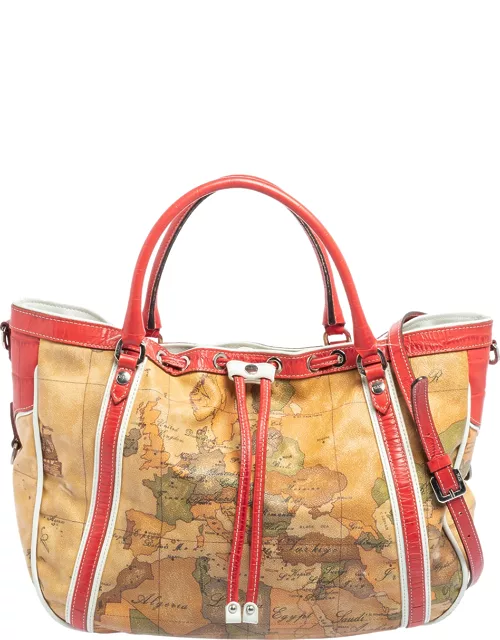 Alviero Martini 1A Classe Tan Geo Print Coated Canvas and Leather Drawstring Shoulder Bag