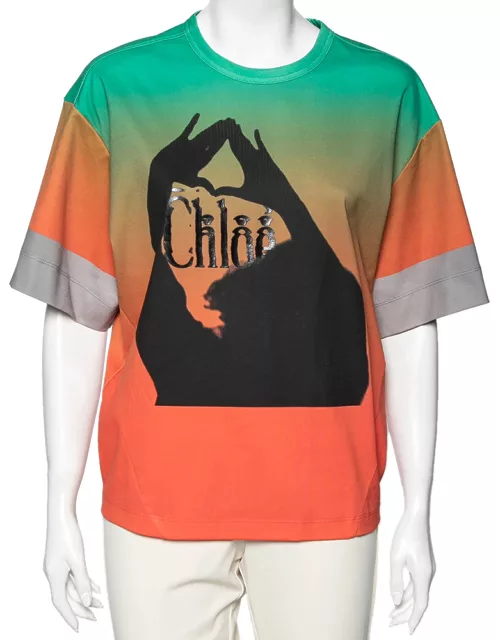 Chloe Orange & Green Ombre Cotton Logo Printed T-Shirt