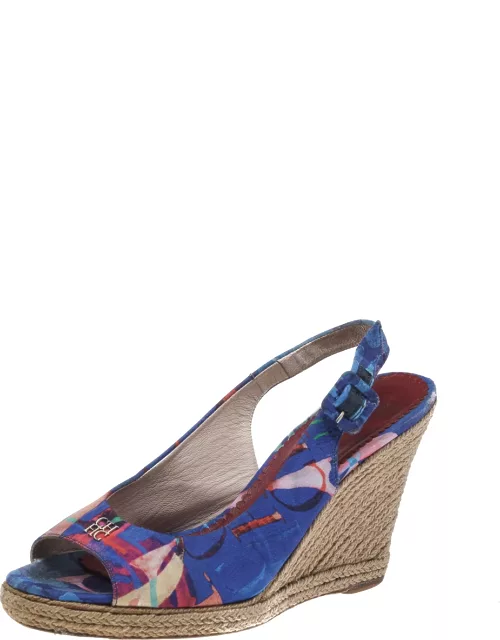 CH Carolina Herrera Blue Printed Fabric Cork Wedge Peep Toe Slingback Sandal