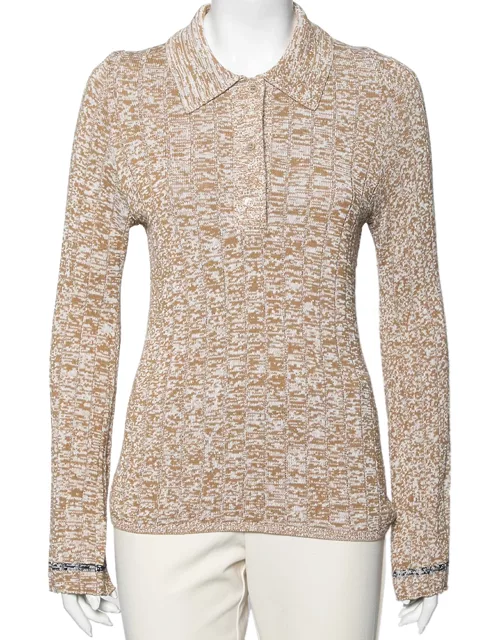Joseph Beige Patterned Ribbed Knit Long Sleeve Polo Sweater