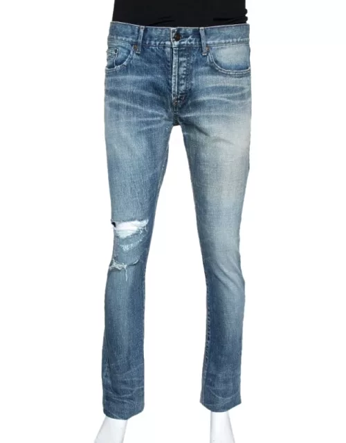 Saint Laurent Paris Indigo Washed Denim Distressed Slim Fit Jeans