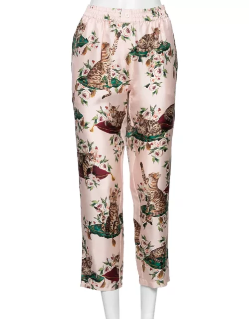 Dolce & Gabbana Pink Silk Floral & Cat Printed Pajama Pants