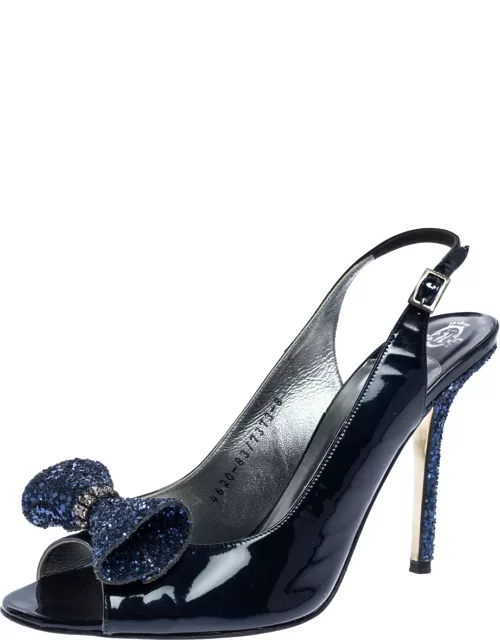 Gine Blue Patent Leather And Glitter Bow Embellished Slingback Open Toe Sandal