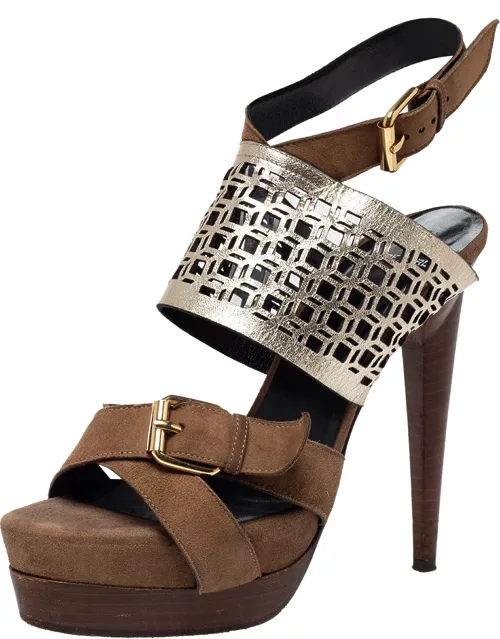 Pierre Hardy Brown Suede and Metallic Cut Out Leather Platform Slingback Sandal