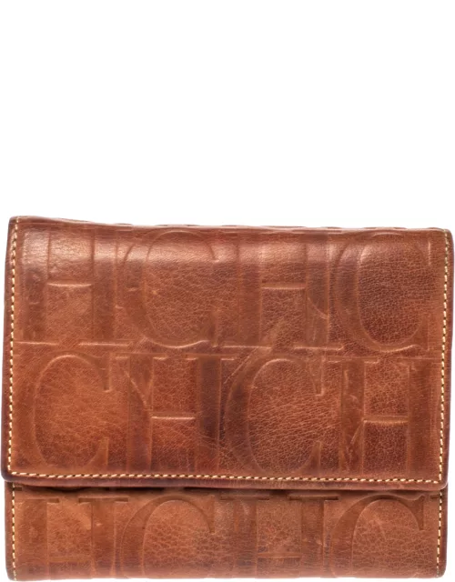 Carolina Herrera Brown Embossed Leather Trifold Compact Wallet