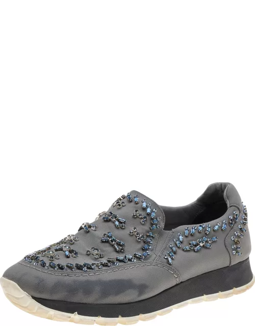 Prada Grey Canvas Crystal Embellished Slip On Sneaker
