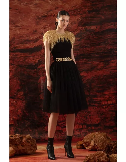 Gemy Maalouf Gold Top with Flared Tulle Skirt