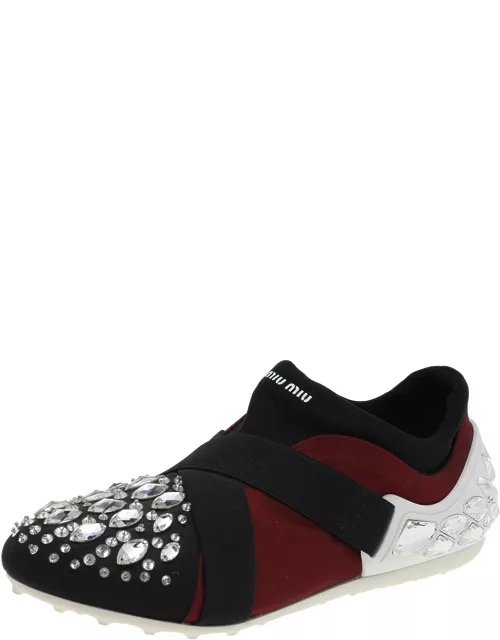 Miu Miu Black/Burgundy Satin Crystal Embellished Slip On Sneaker