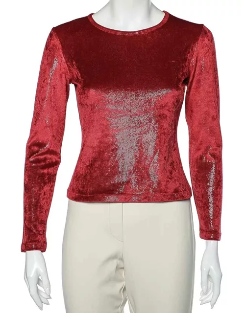 Moschino Cheap and Chic Red Stretch Velvet Glitter Detail T-Shirt
