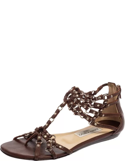 Jimmy Choo Brown Leather Studded Caged T-Strap Flat Sandal