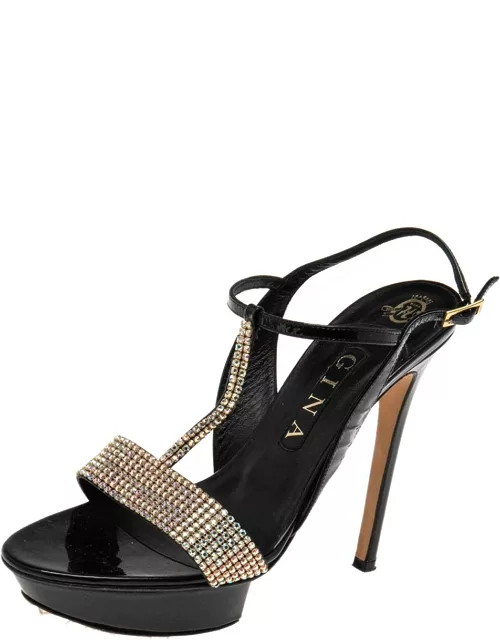 Gina Black Patent Leather Crystal Embellished T-Strap Sandal