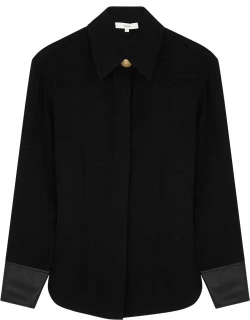 Black faux leather-trimmed crepe shirt