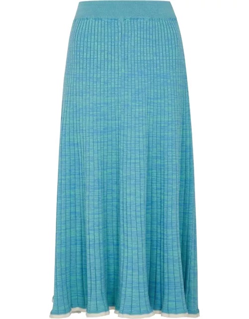 Felicia blue space-dyed ribbed-knit midi skirt