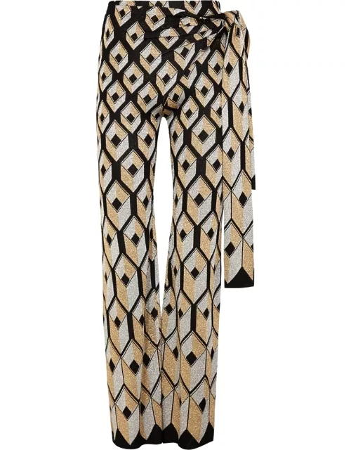 Geometric-intarsia metallic-weave trousers