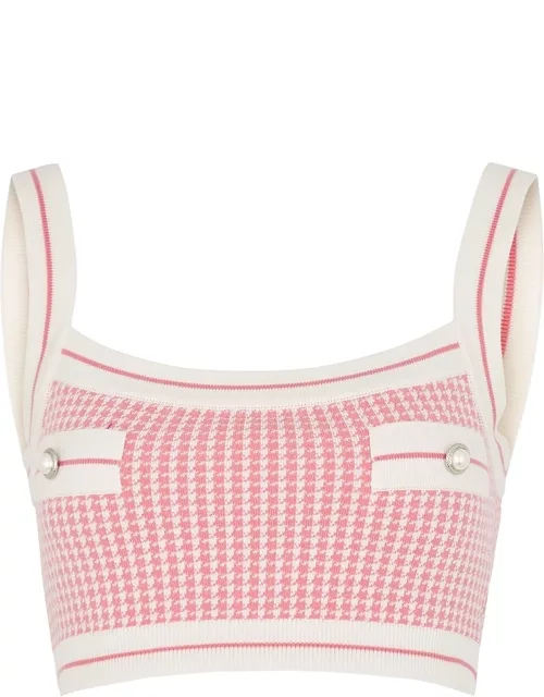 Houndstooth knitted cotton-blend bra top