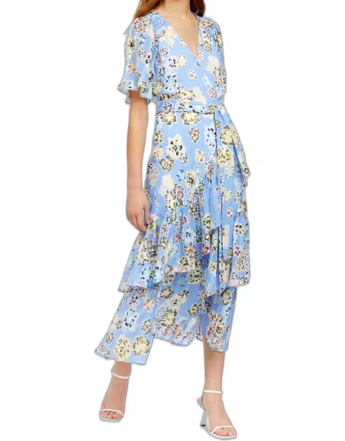 Brittany Floral Tiered Wrap Midi Dres