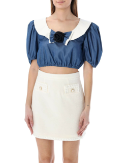 Alessandra Rich Cotton Chambray Cropped Top With Bow