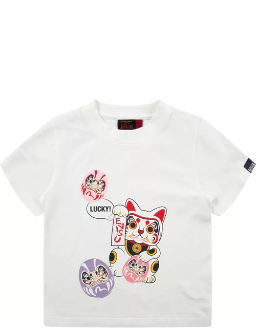Fortune Cat and Daruma Print T-shirt