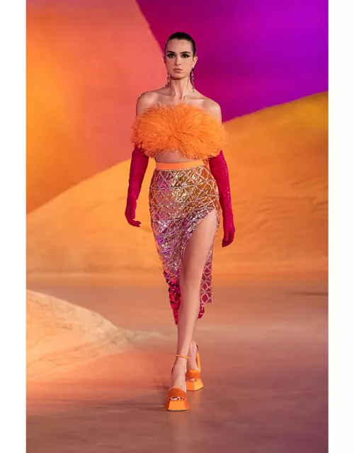 Georges Hobeika Feather Top and Beaded Skirt