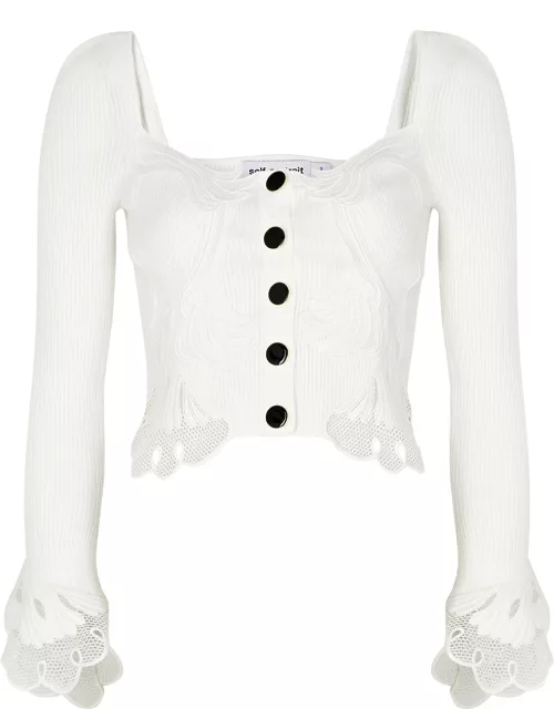 White lace-trimmed ribbed-knit cardigan