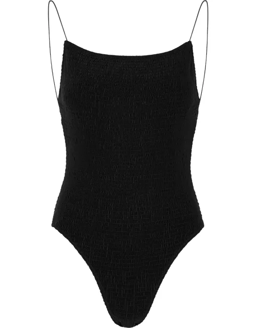 Black smocked swimsuit