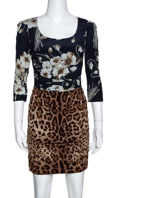 Dolce & Gabbana Brown Mixed Print Silk Ruched Dress