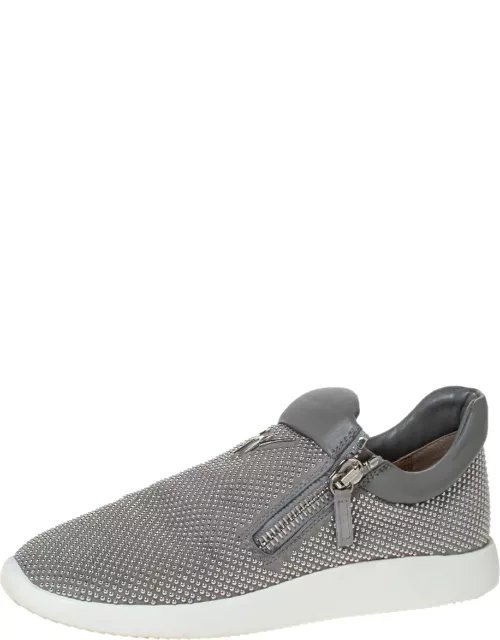 Giuseppe Zanotti Grey Studded Suede And Leather Double Zip Slip On Sneaker