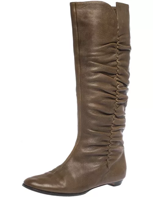 Jimmy Choo Brown Leather Pleat Detail Knee High Boot