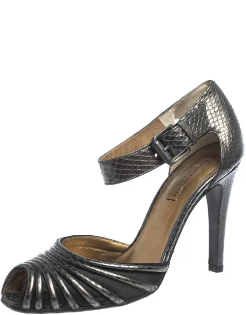 Bottega Veneta Grey Python Embossed Leather And Satin Ankle Strap Peep Toe Ankle Cuff Sandal