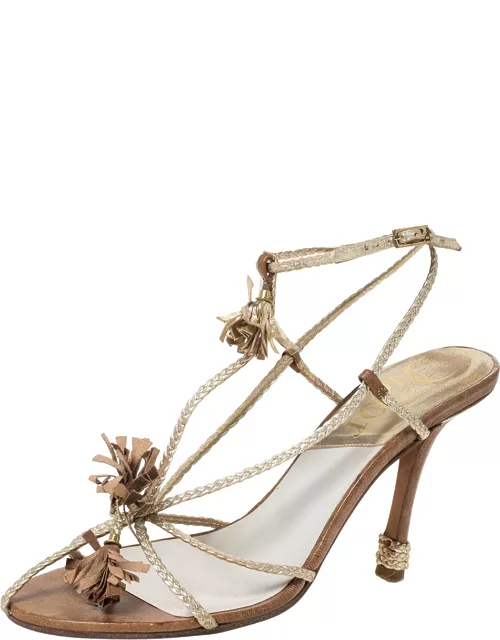 Dior Metallic Gold Woven Leather Strappy Ankle Strap Sandal