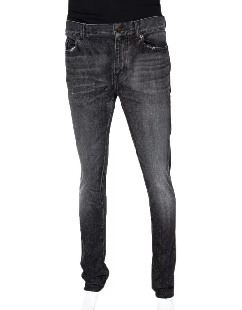 Saint Laurent Paris Charcoal Grey Medium Wash Denim Raw Edge Jeans