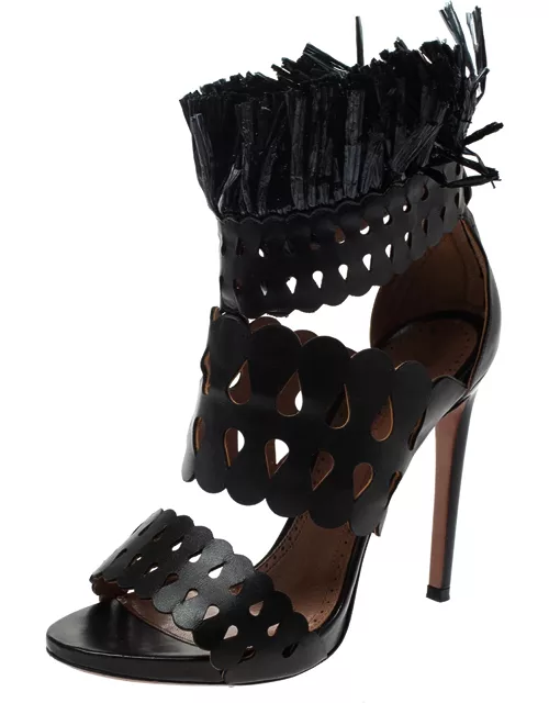 Alaia Black Leather and Straw Cut Out Fringes Sandal
