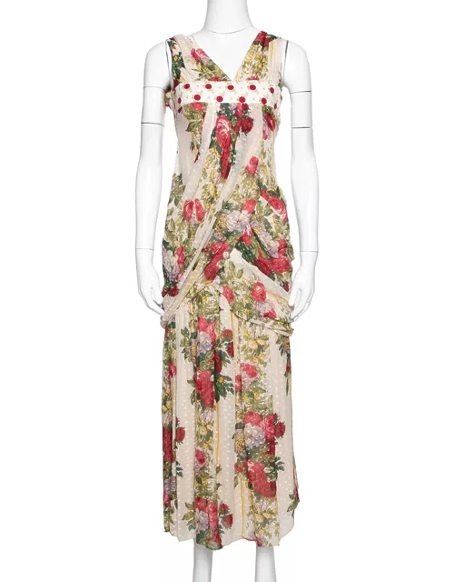 Kenzo Beige Polka Textured Floral Print Silk Draped Maxi Dress