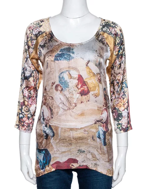D & G Beige Abstract Printed Stretch Silk Long Sleeve Top