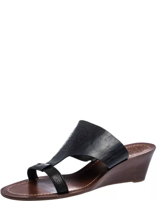 Tory Burch Black Perforated Logo Leatther Wedge Sandal