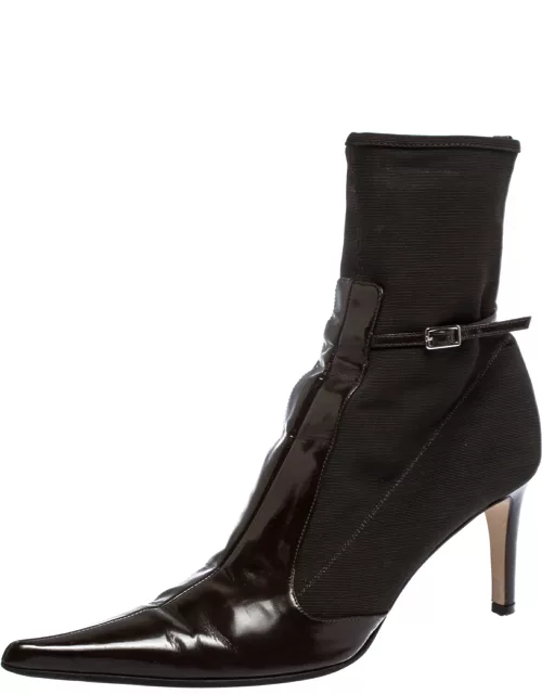 Sergio Rossi Dark Brown Leather and Mesh Pointed Toe Ankle Boot