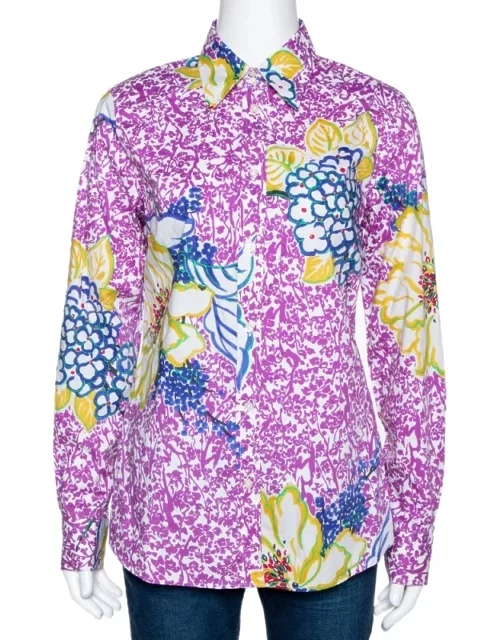 Etro Purple Floral Print Stretch Cotton Long Sleeve Shirt