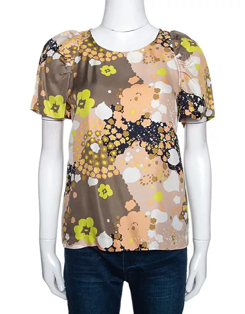 See by Chloe Multicolor Floral Printed Silk Short Sleeve Top