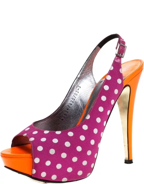 Gina Purple/Orange Polka Dot Fabric And Patent Open Toe Slingback Sandal