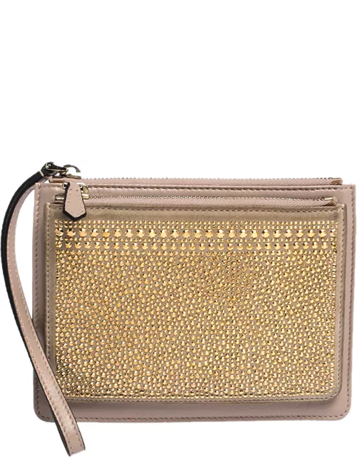 Valentino Nude Beige/Gold Leather and Suede Studded Wristlet Pouch