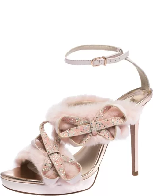 Sophia Webster Pink Faux Fur And Leather Bella Bow Embellished Ankle Strap Sandal