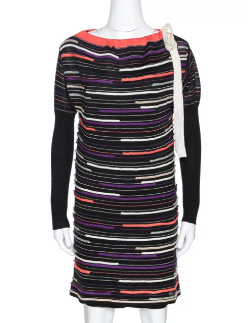 M Missoni Black Embossed Stripe Lurex Wool Knit Mini Dress