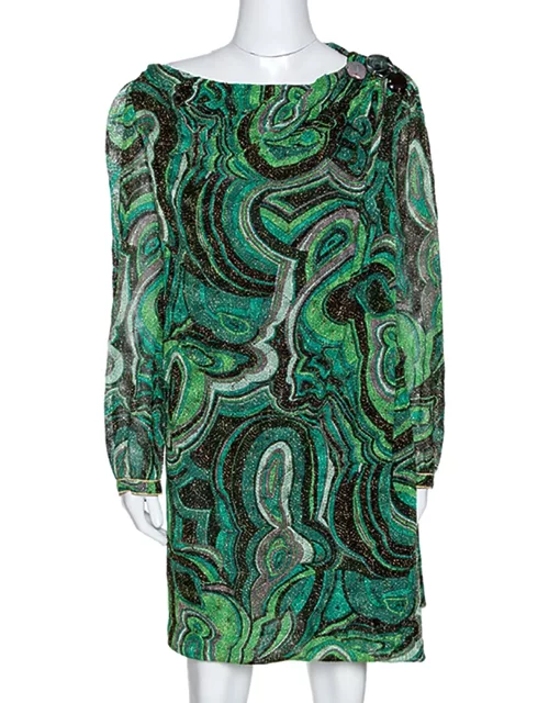 Missoni Green Lurex Jacquard Knit Brooch Detail Draped Dress