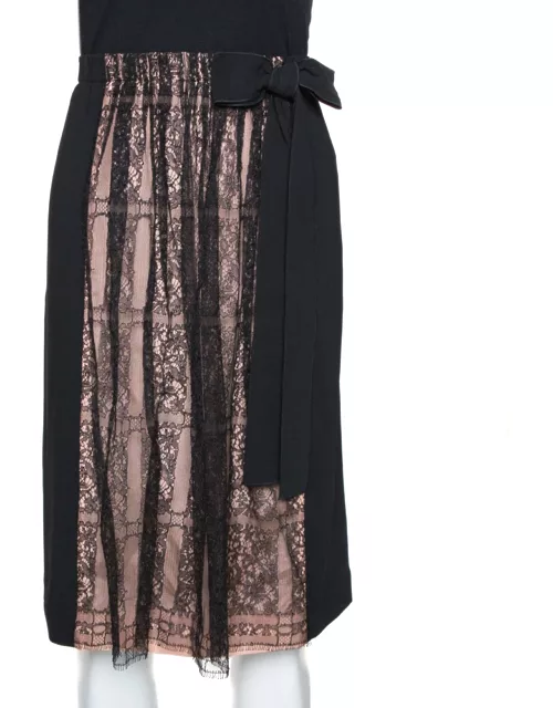 Valentino Black Crepe and Lace Insert Midi Skirt